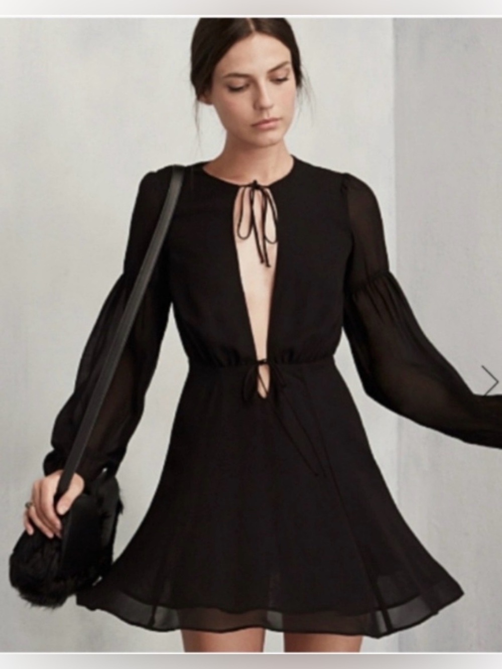 Reformation Black Long-Sleeve Tie-Front Mini Dress